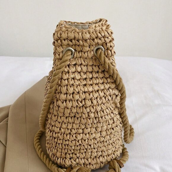 Khaki Casual Women's Foldable Bucket Drawstring Backpack Outdoor - Picture 8 of 11